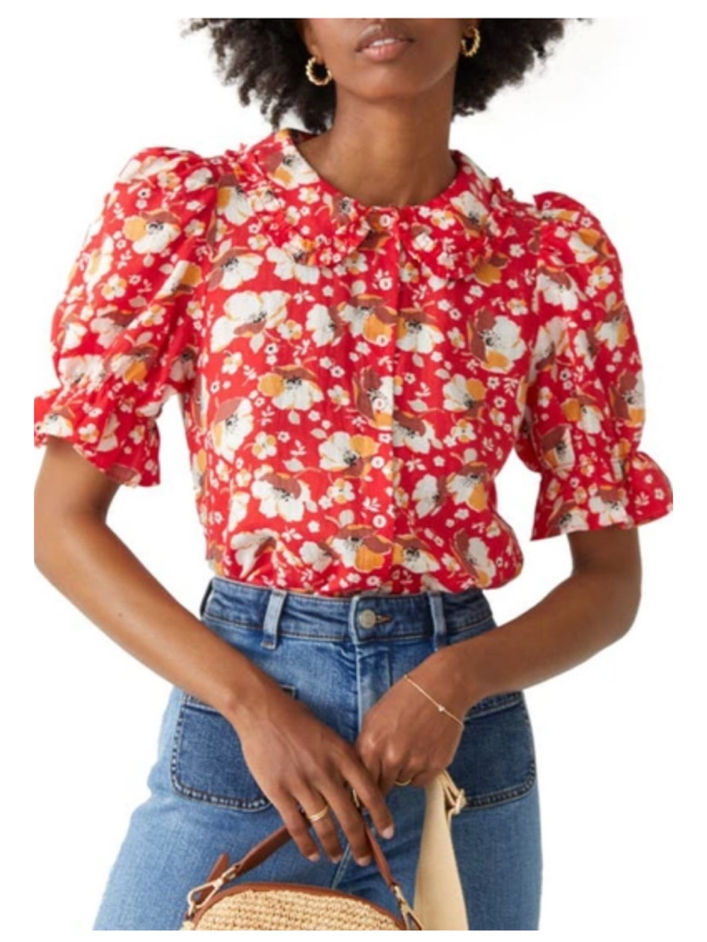 & Other Stories Floral Puff Sleeve Button Down Top Women's 6 Multicolor